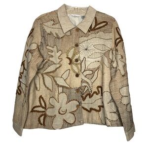 Laura ASHLEY - Cotton & Silk Tan & Brown Appliquéd Button Front Jacket - Size L